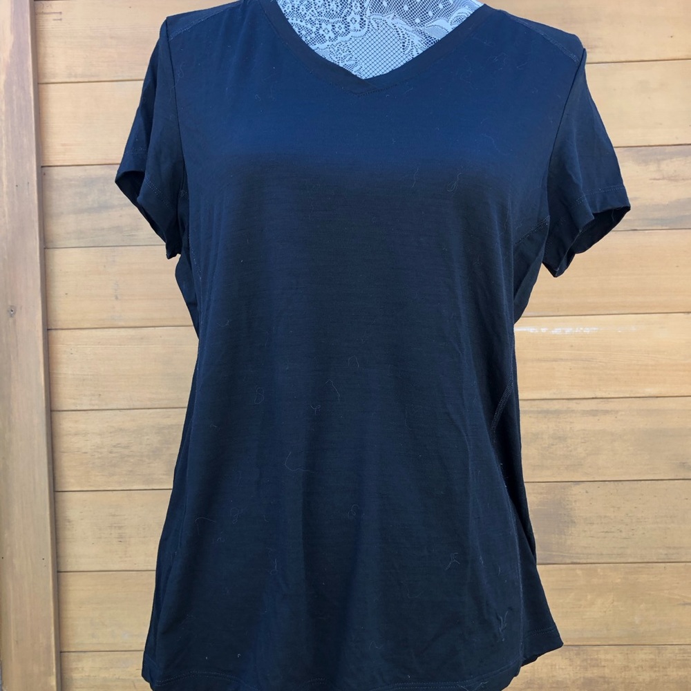 Elegant black tee in merino wool by Ibex. V-neck top is in excellent condition.